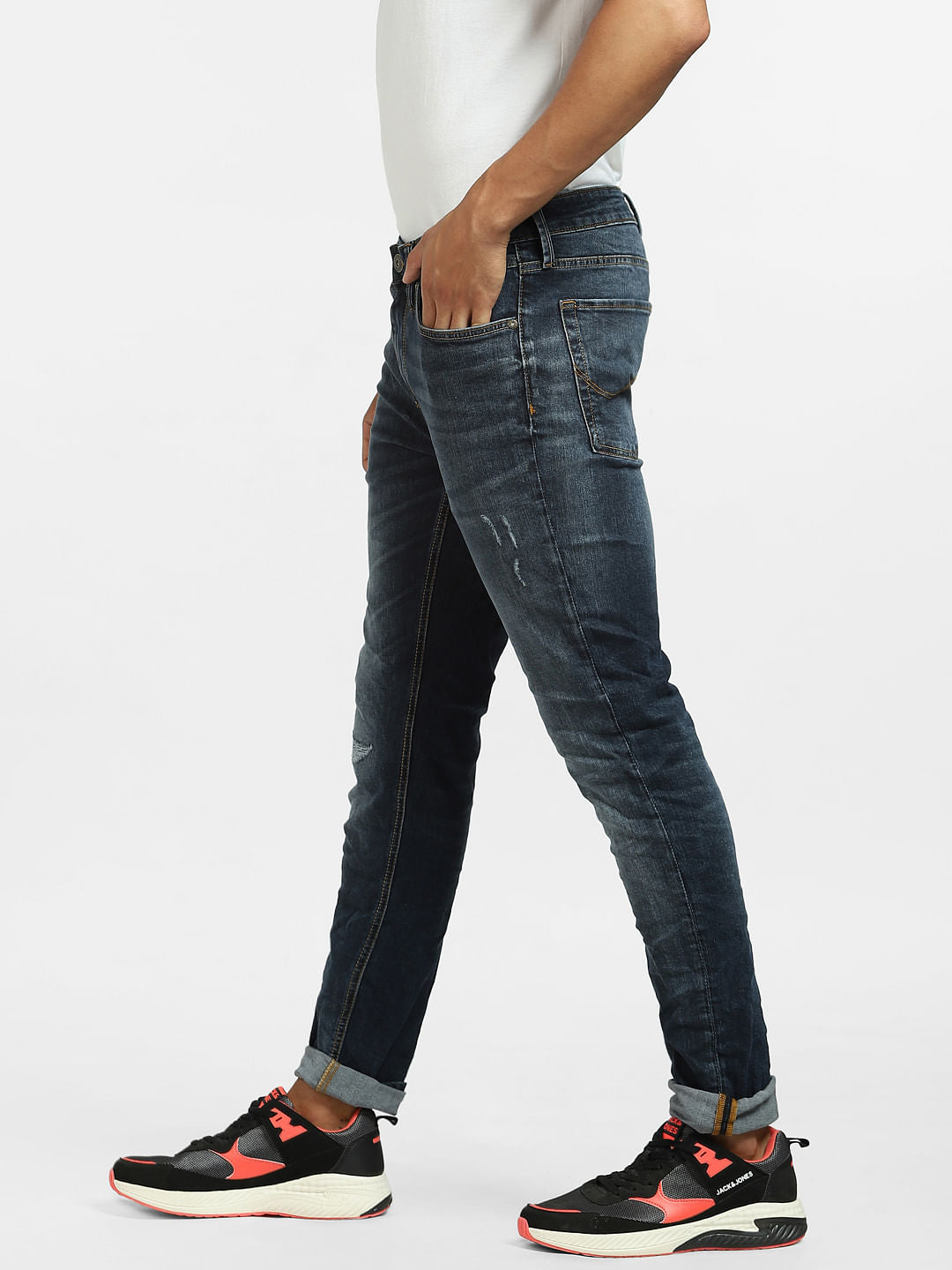 Dark Blue Low Rise Distressed Skinny Jeans