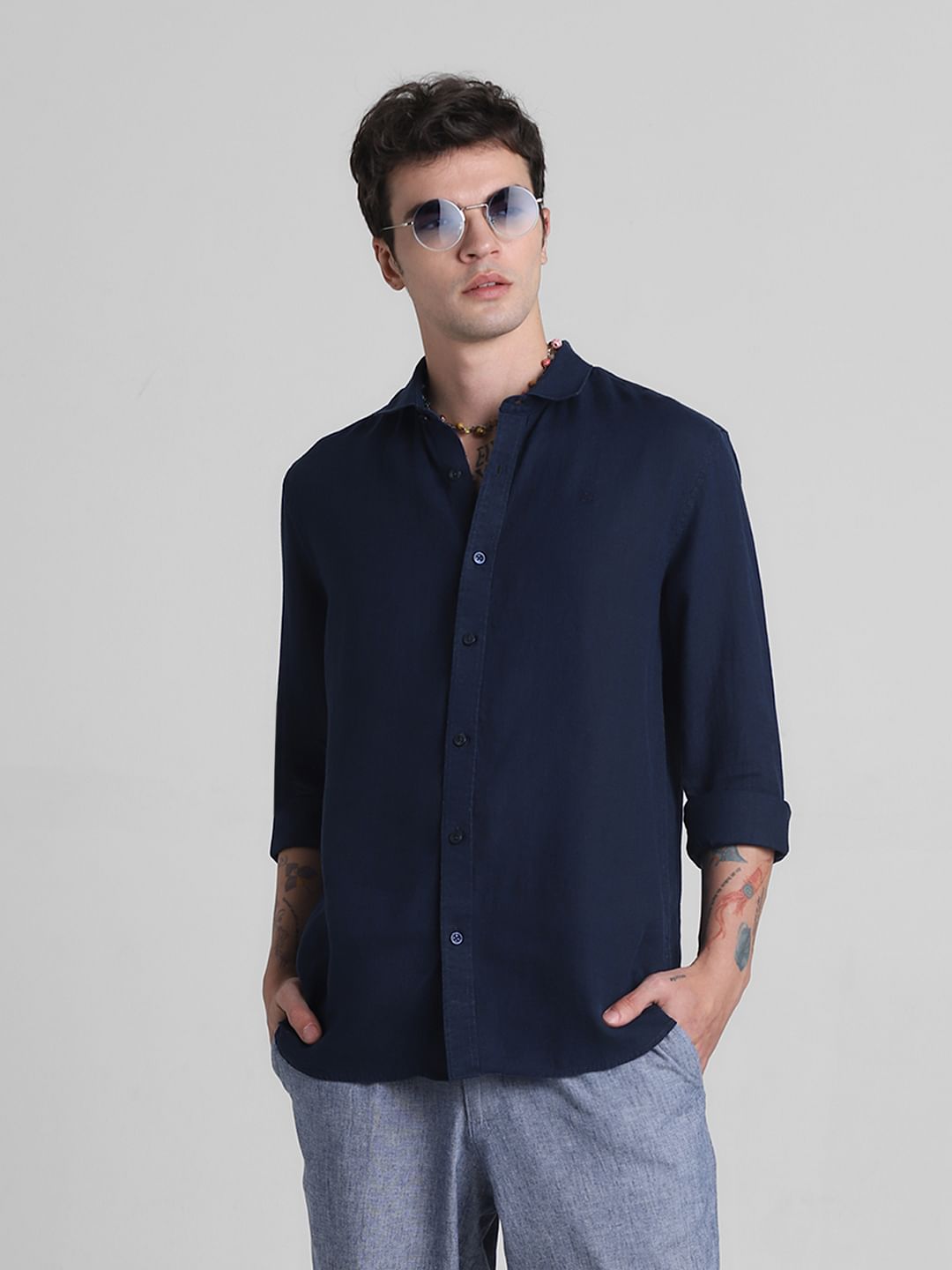 Dark Blue Linen Full Sleeves Shirt - XXL