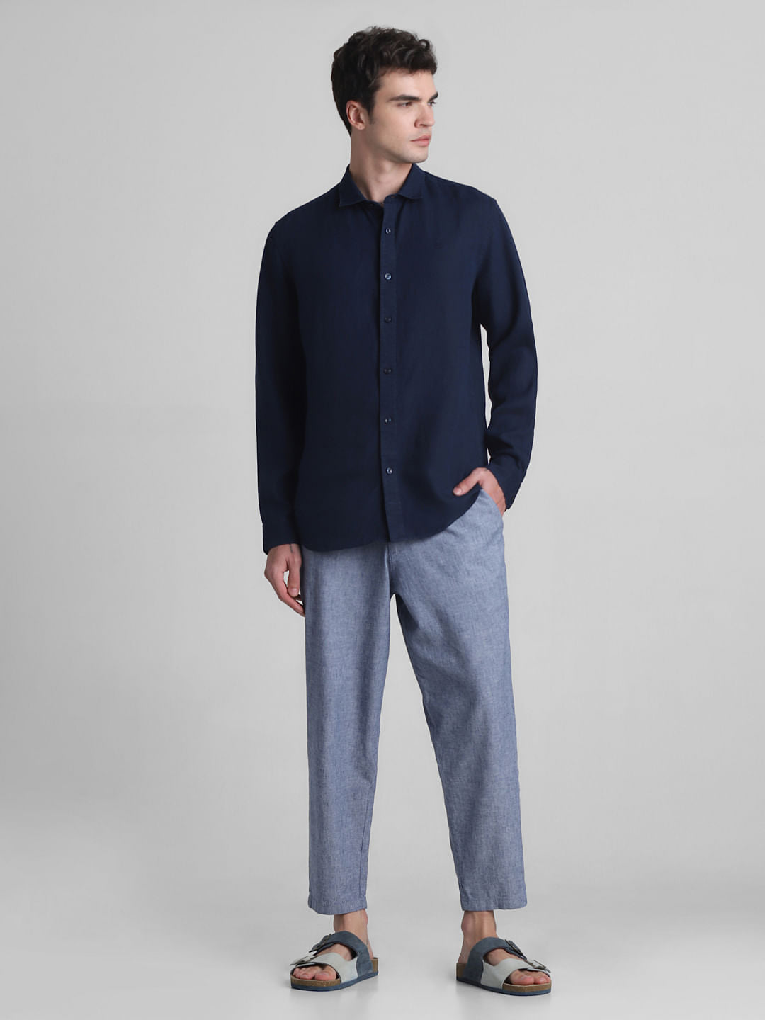 Dark Blue Linen Full Sleeves Shirt