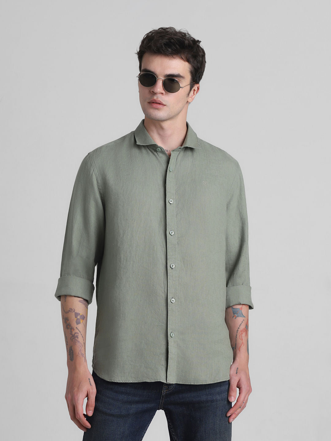 Green Linen Full Sleeves Shirt - S