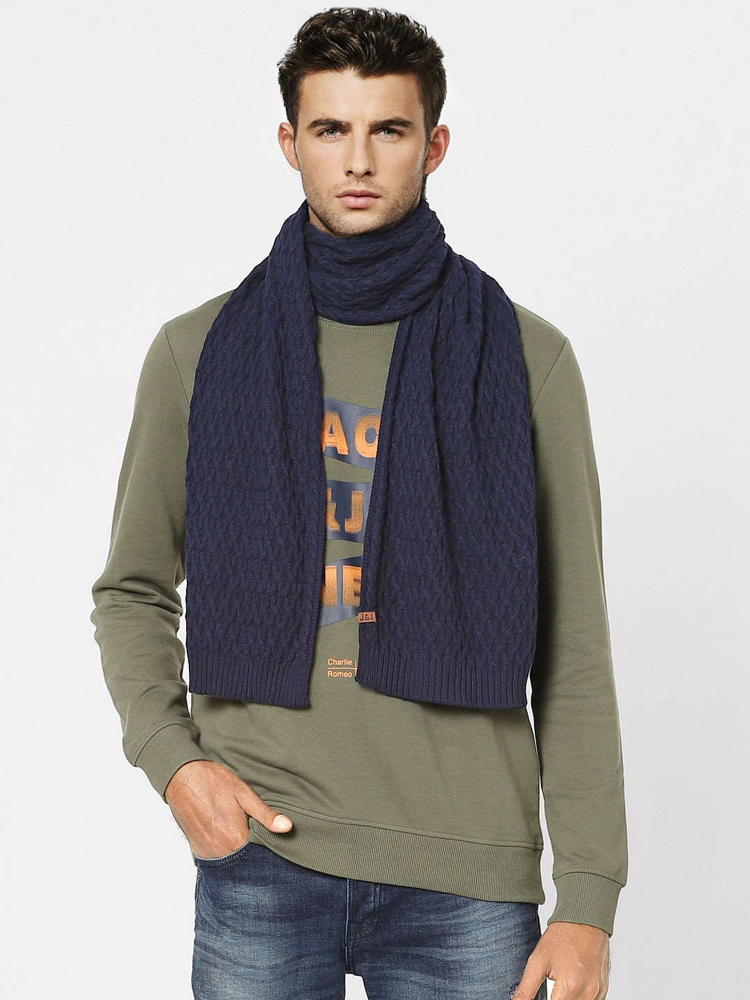 Navy Blue Gingham Checkered Scarf