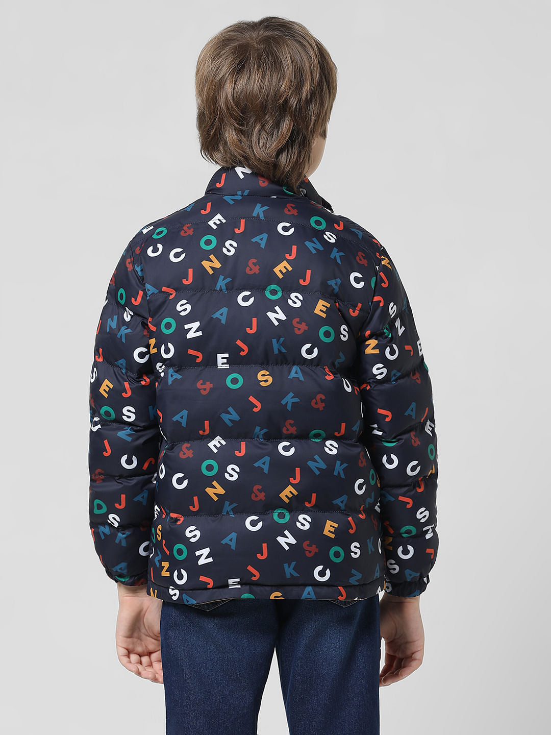 Navy Blue Printed Reversible Puffer Jacket
