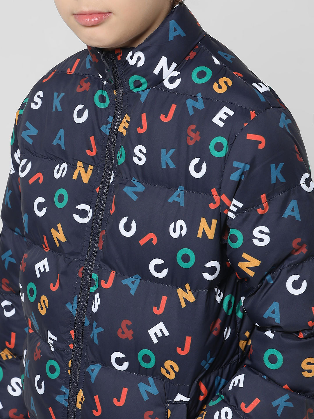 Navy Blue Printed Reversible Puffer Jacket