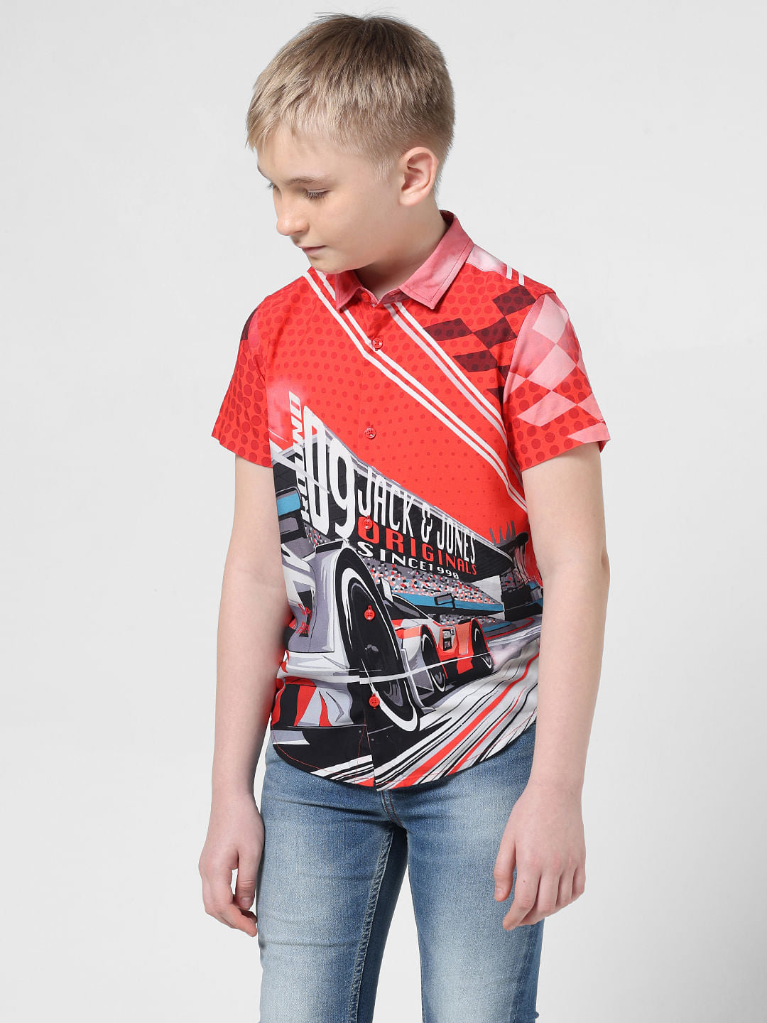 JACK&JONES JUNIOR X MOTOR MUNCHKINS Red Racer Car Print Shirt