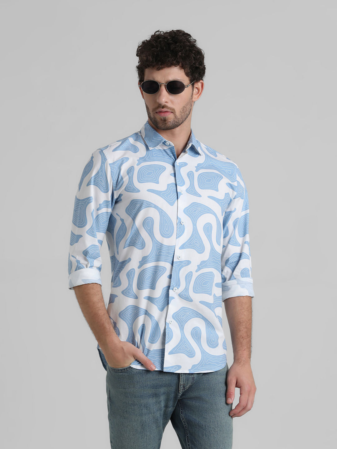 Blue Printed Full Sleeves Shirt - S