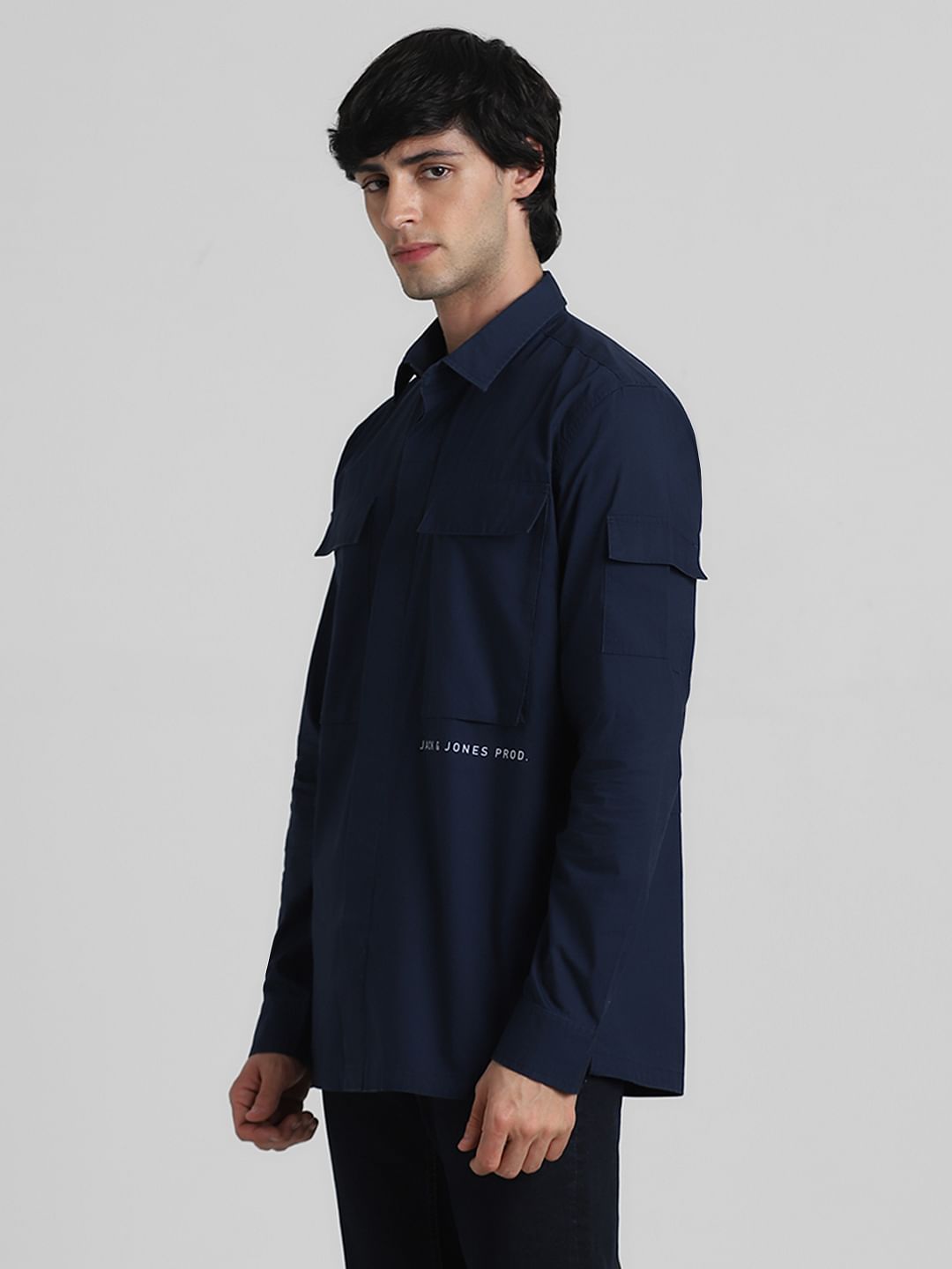 Navy Blue Oversized Pocket Full Sleeves Shirt
