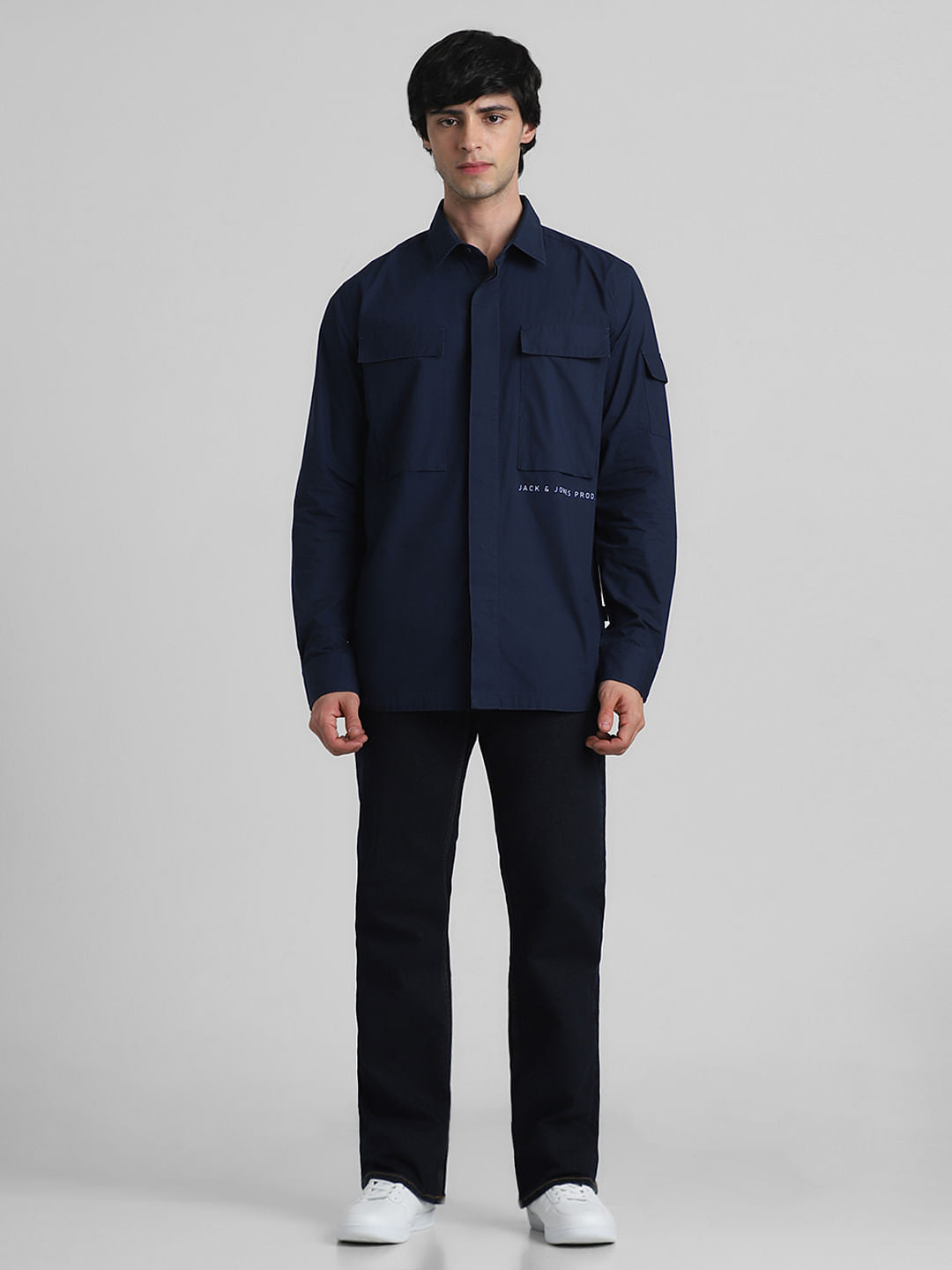 Navy Blue Oversized Pocket Full Sleeves Shirt