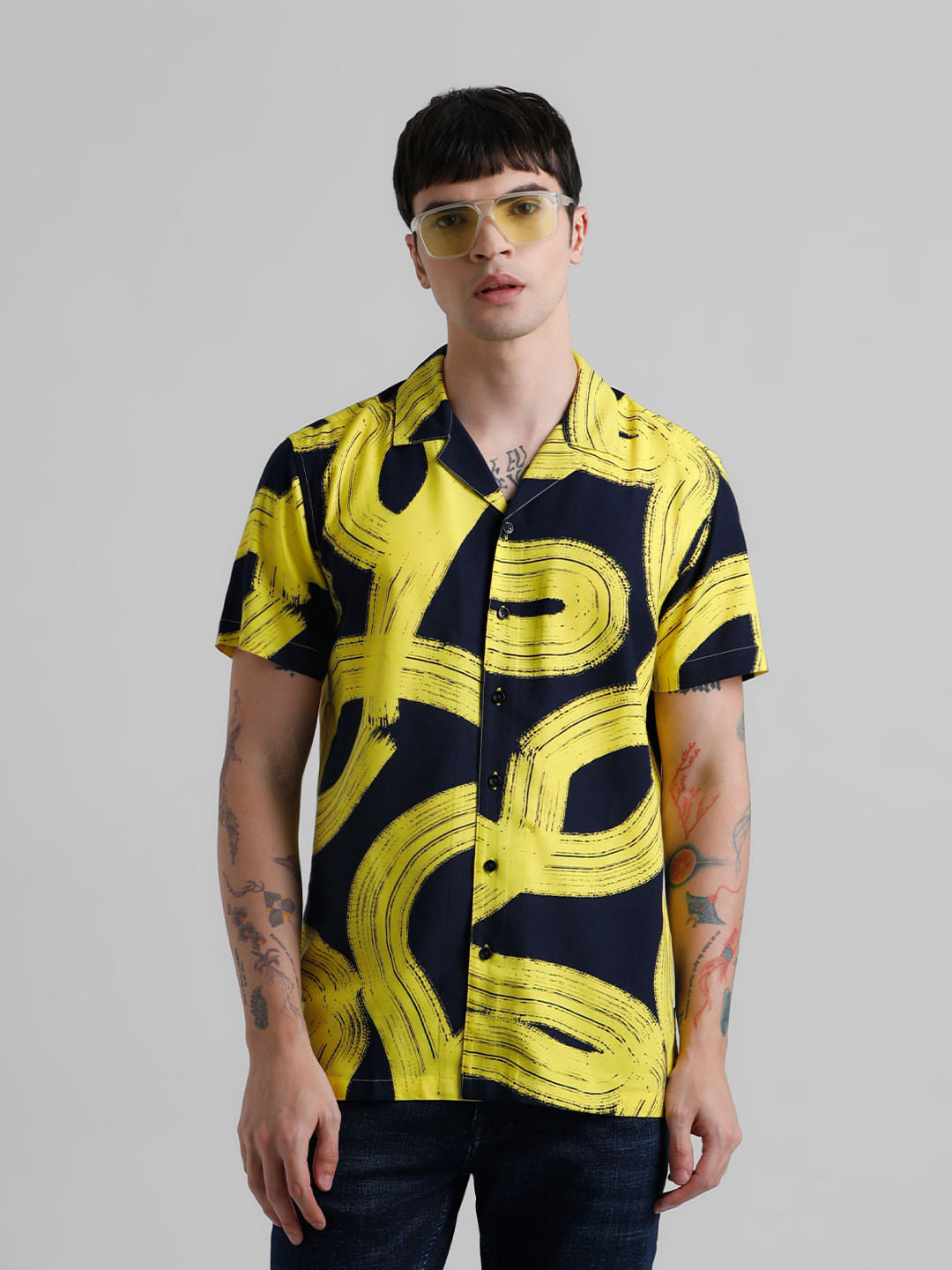 Yellow Abstract Print Short Sleeves Shirt - S