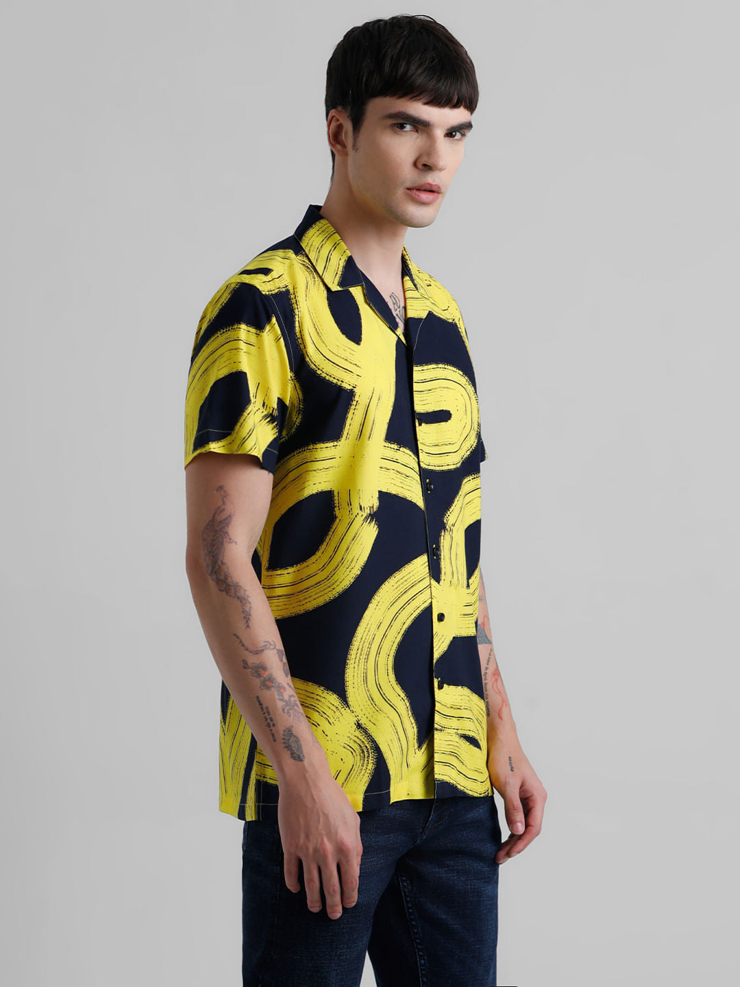 Yellow Abstract Print Short Sleeves Shirt