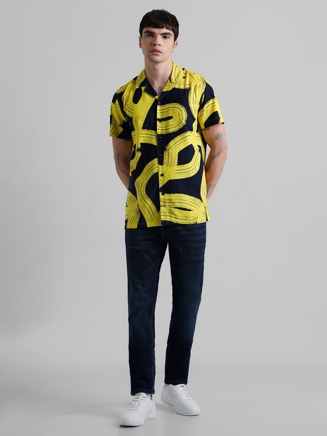 Yellow Abstract Print Short Sleeves Shirt