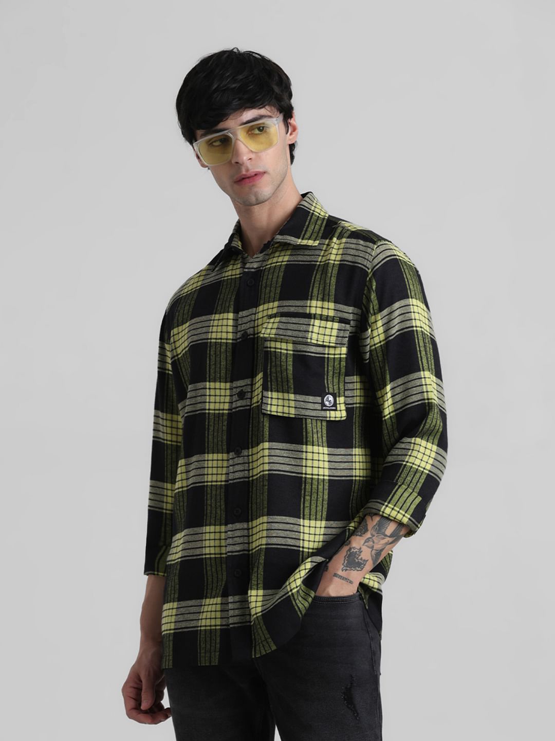 Yellow Check Print Full Sleeves Shirt - S