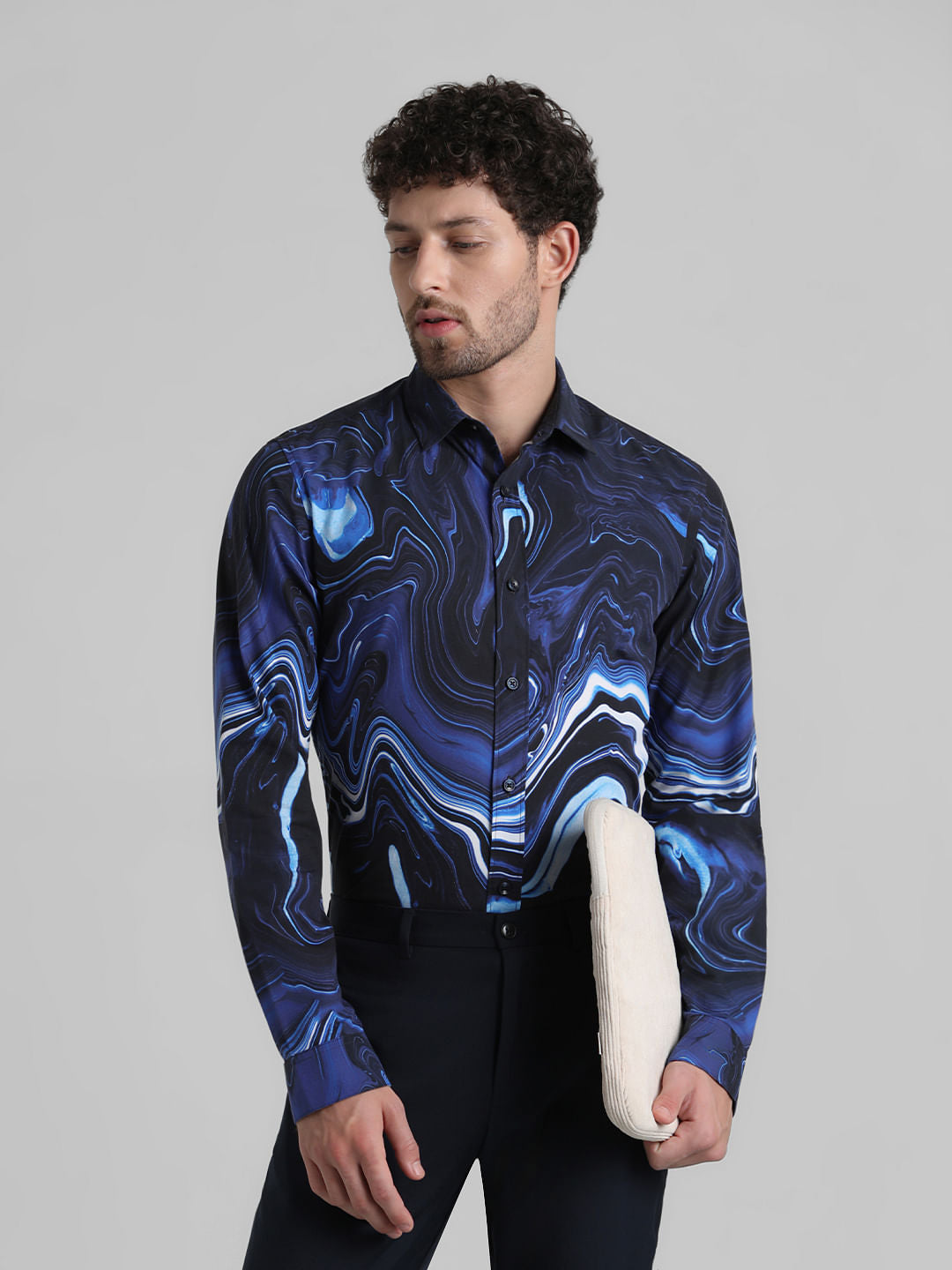 Blue Printed Full Sleeves Shirt - S