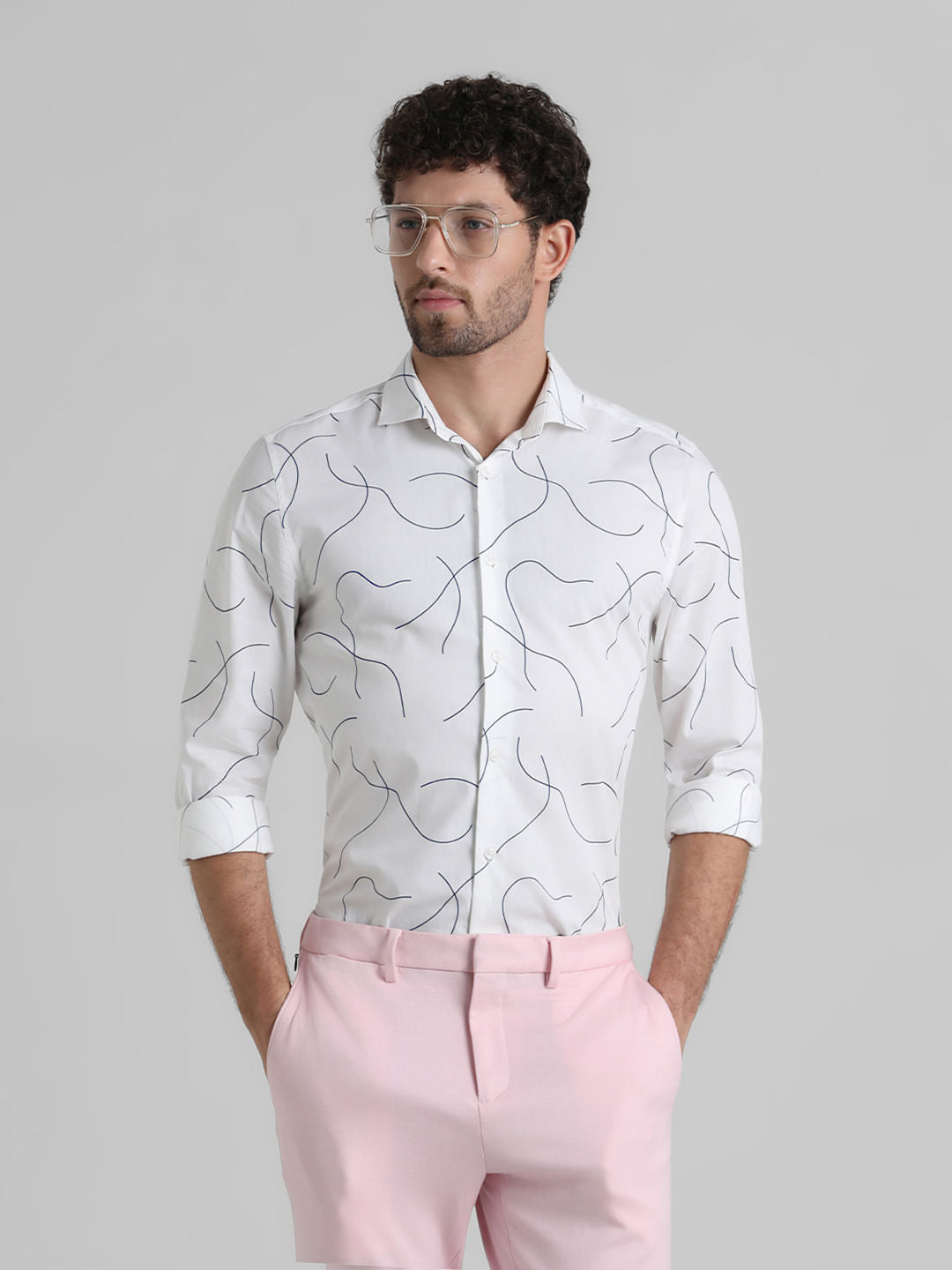 White Abstract Print Full Sleeves Shirt - S
