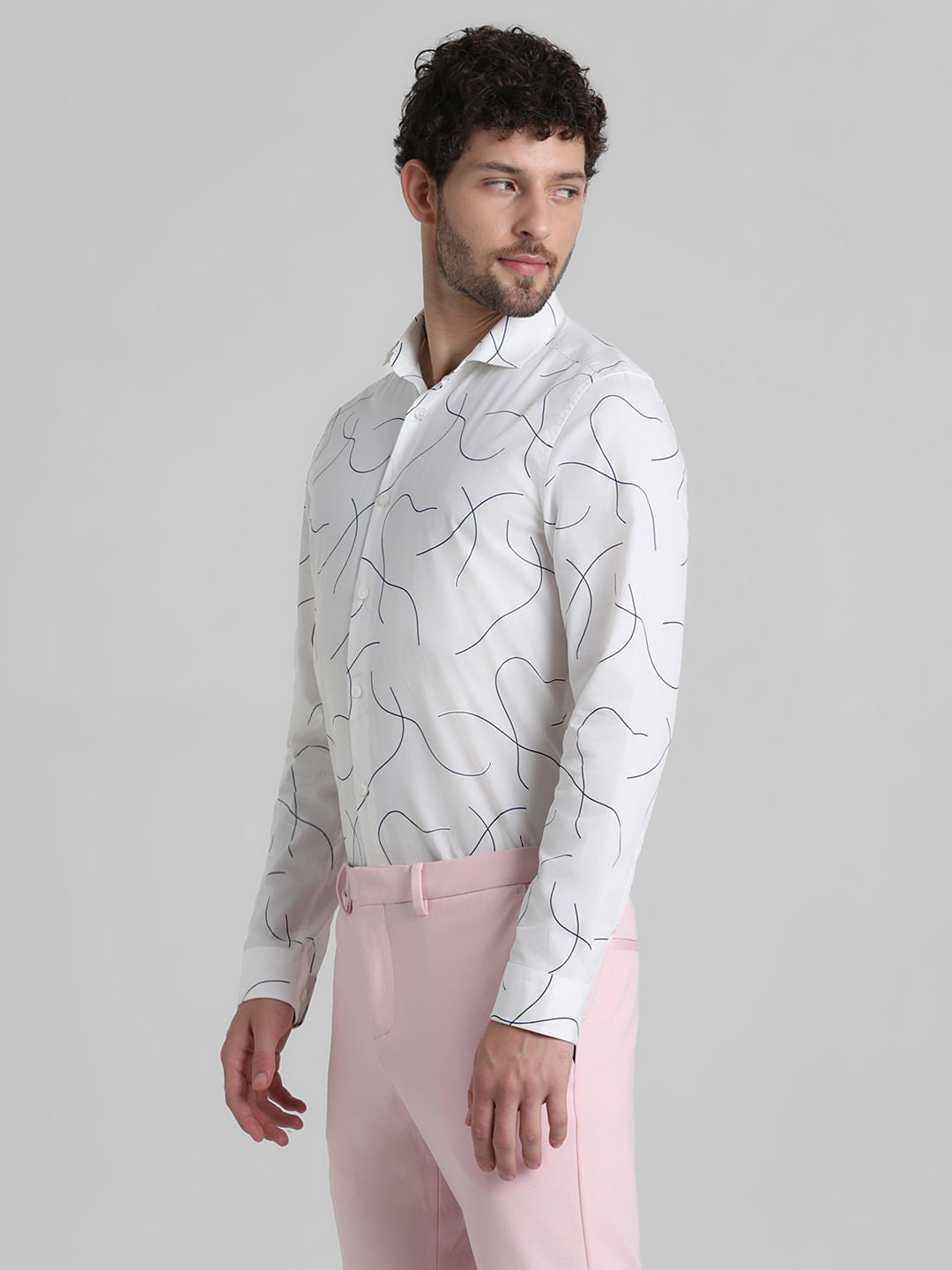 White Abstract Print Full Sleeves Shirt