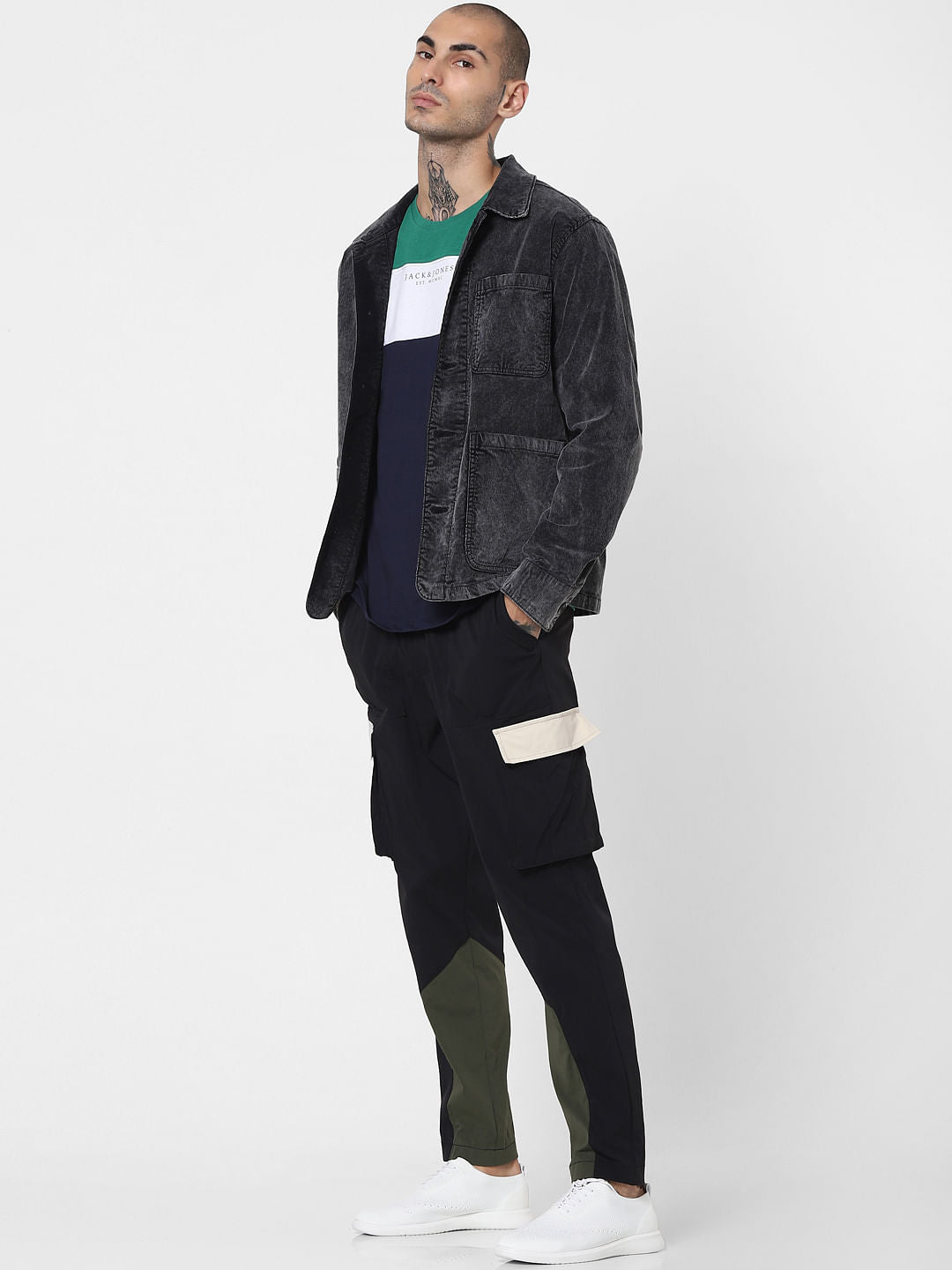 Black Mid Rise Colourblocked Cargo Pants - S
