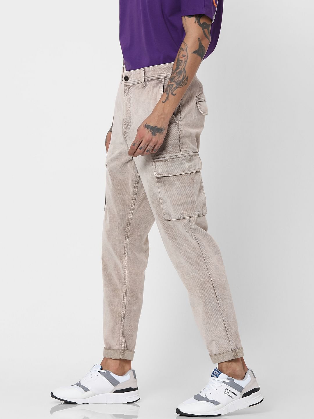 Beige Mid Rise Corduroy Pants
