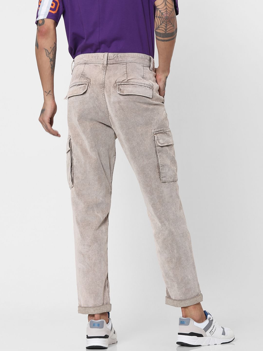 Beige Mid Rise Corduroy Pants