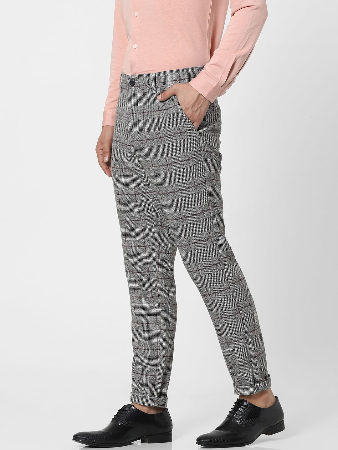 Grey Mid Rise Check Pants