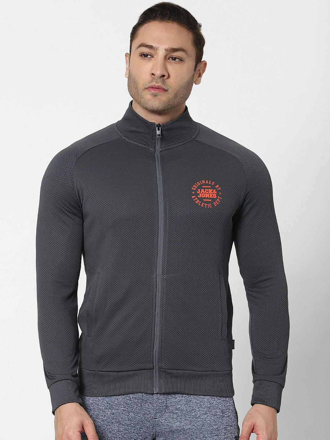 Grey High Neck Zip Up Jacket
