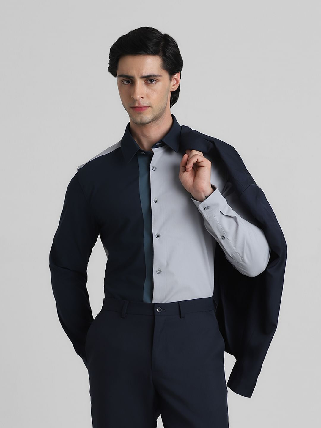 Blue Colourblocked Slim Full Sleeves Shirt - S