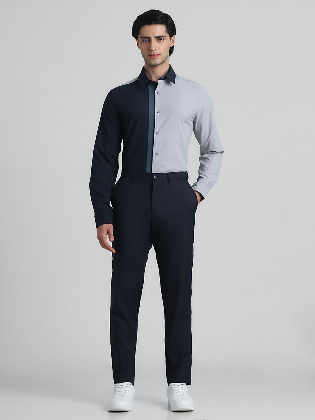 Blue Colourblocked Slim Full Sleeves Shirt