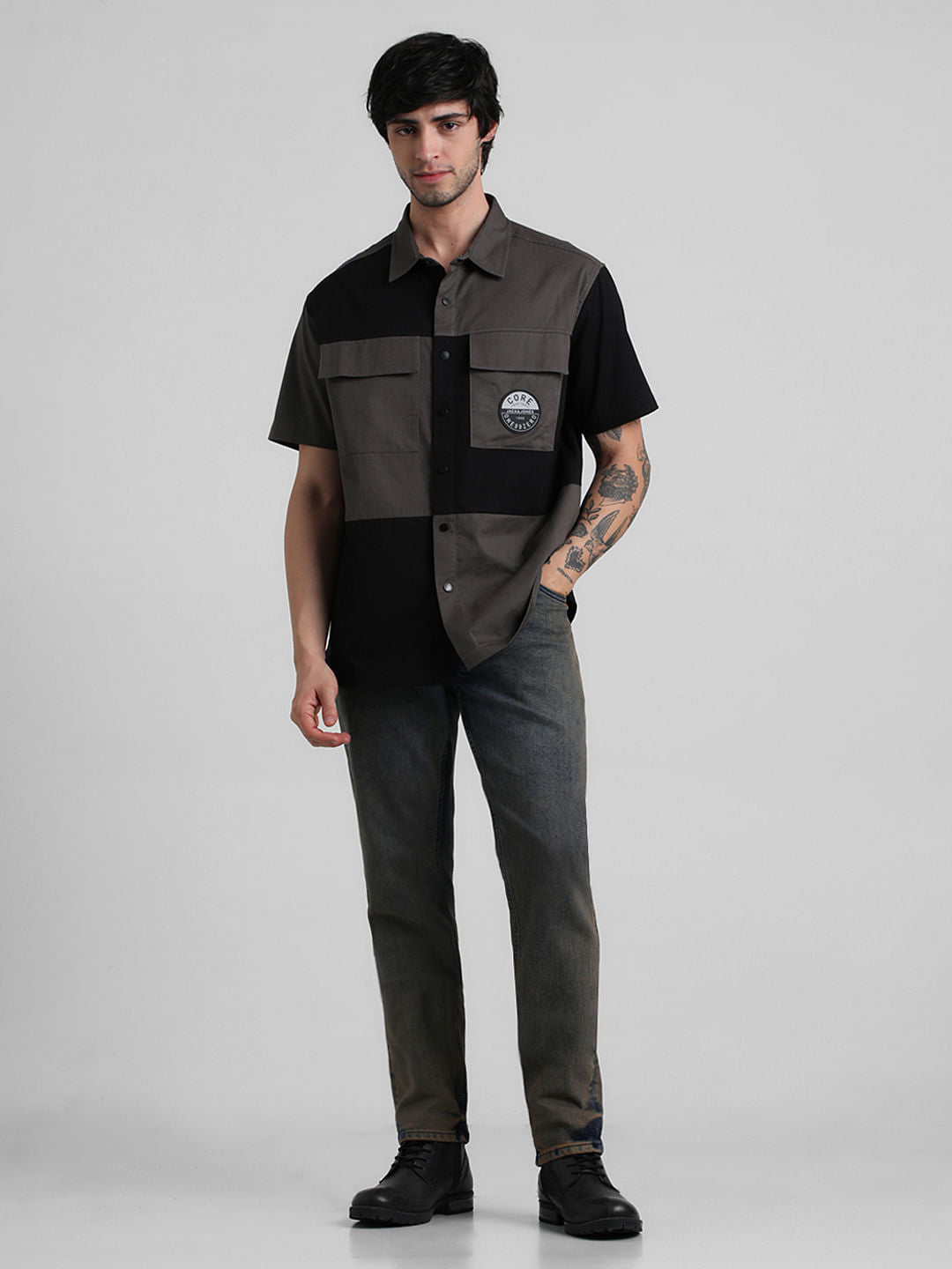 Black Colourblocked Oversized Shirt