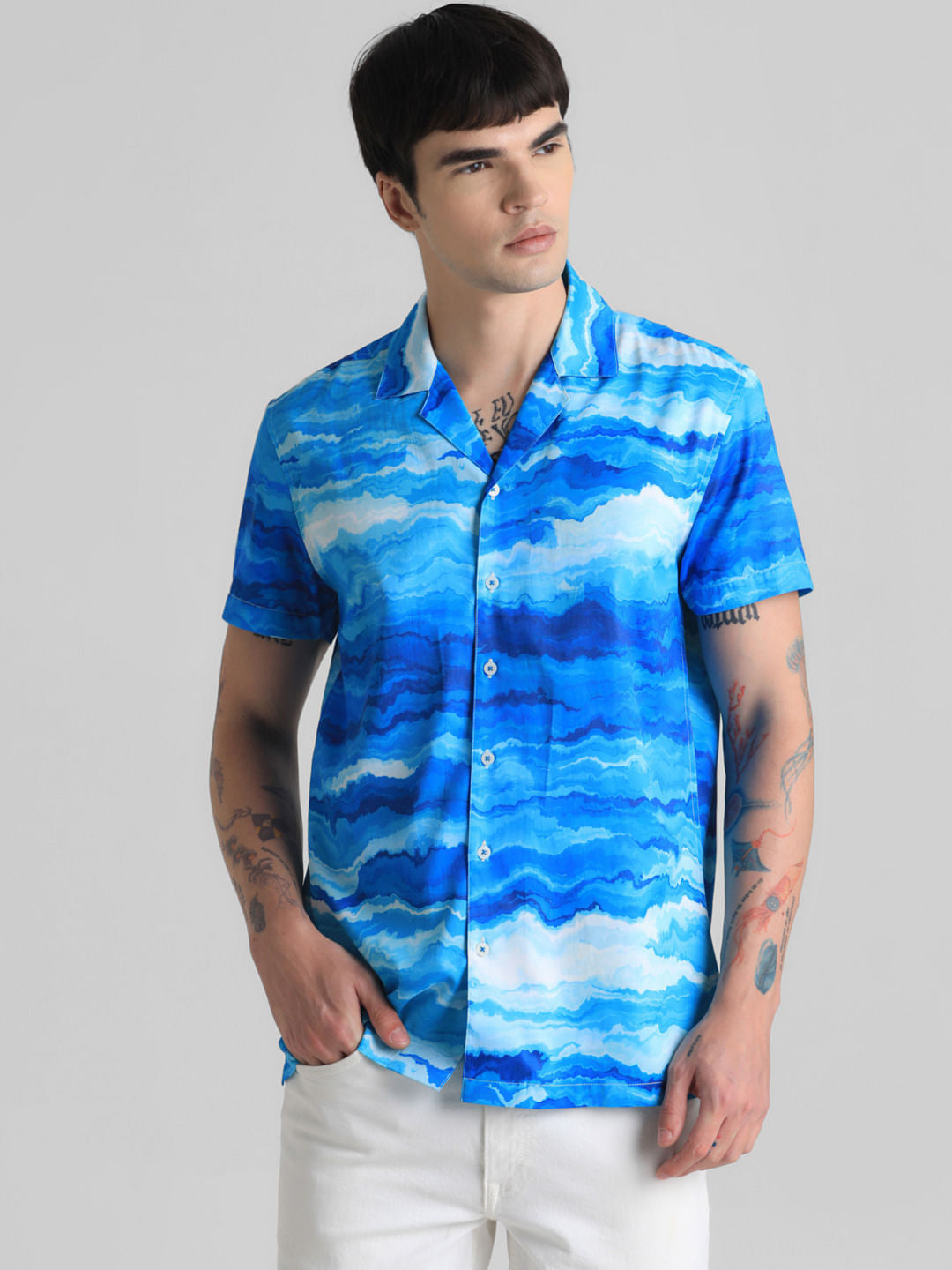 Blue Printed Short Sleeves Shirt