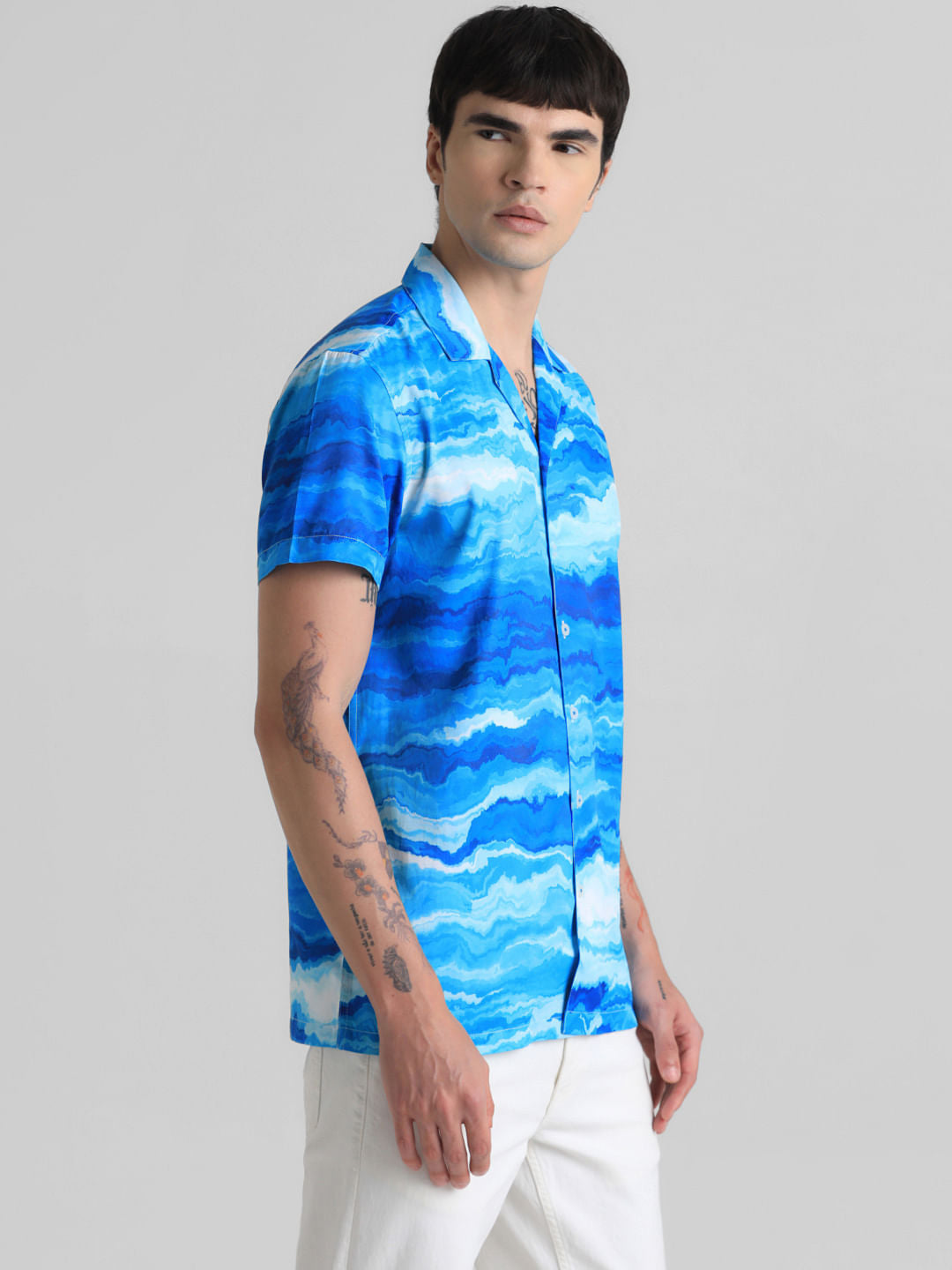 Blue Printed Short Sleeves Shirt