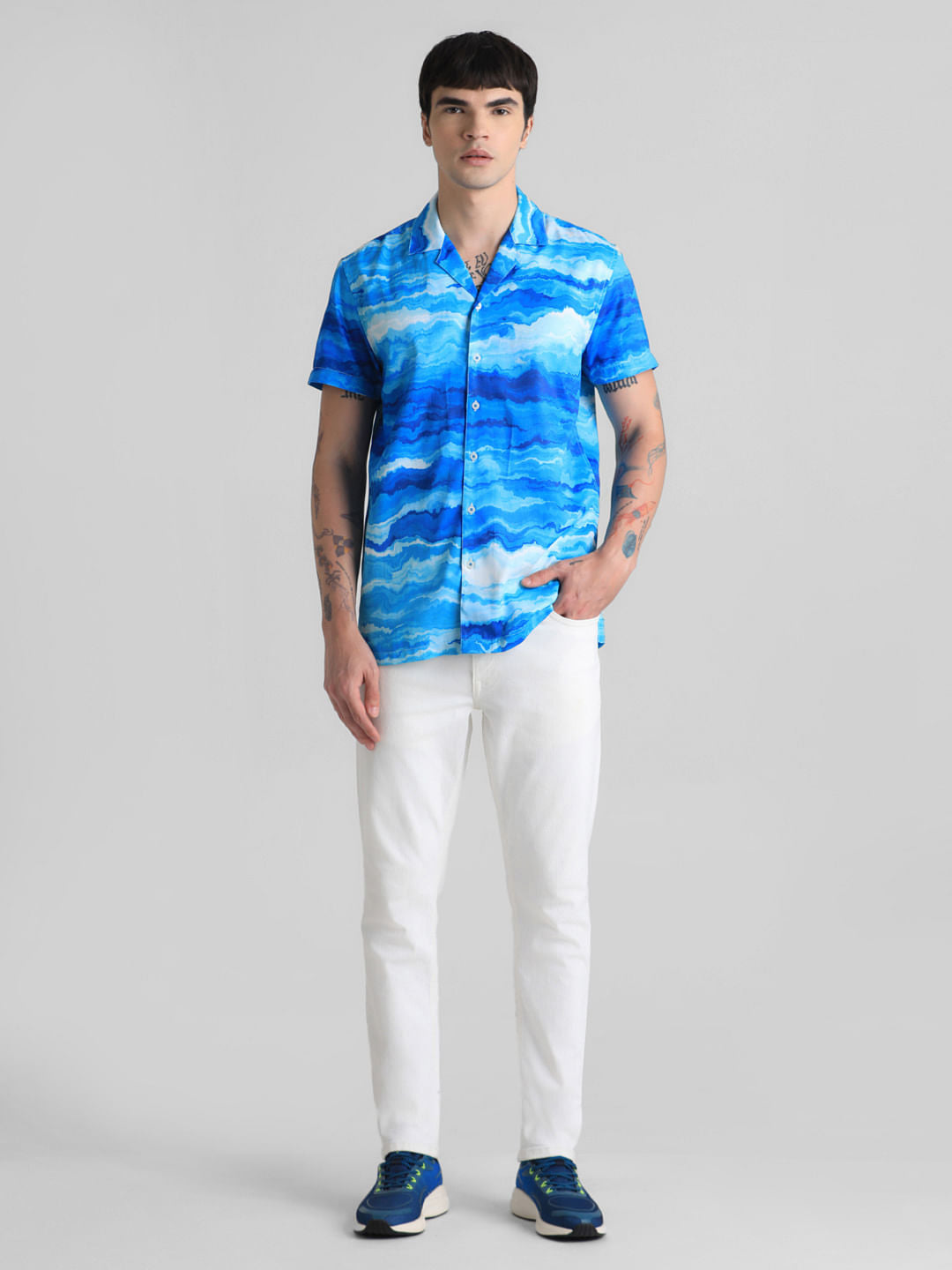 Blue Printed Short Sleeves Shirt