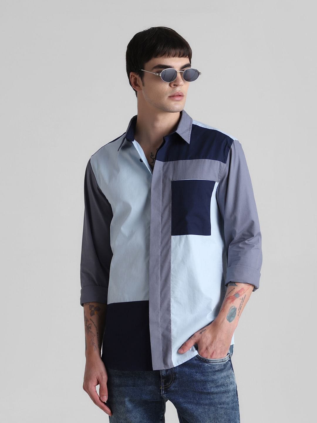 Blue Colourblocked Full Sleeves Shirt - S