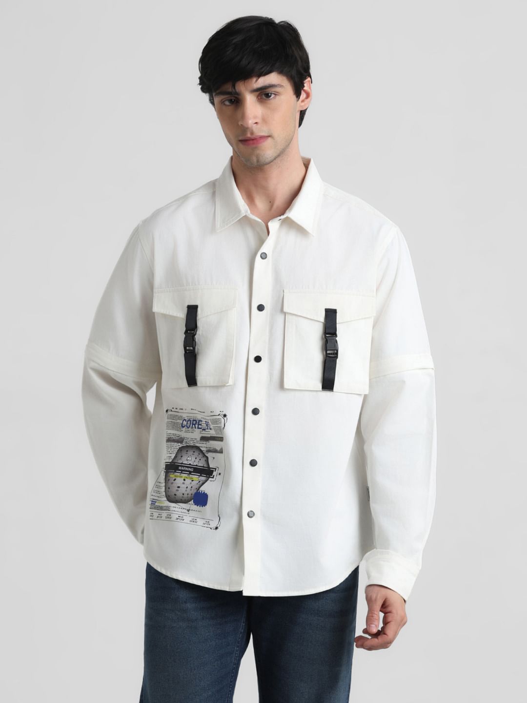 White Placement Print Oversized Shirt - S