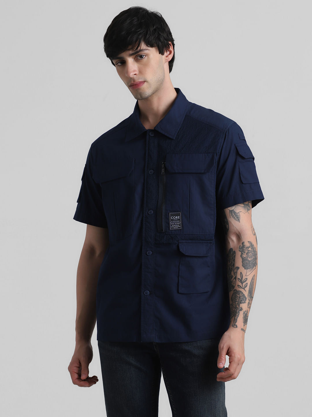 Dark Blue Utility Pocket Oversized Shirt