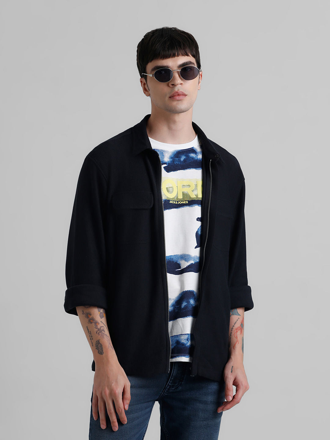 Dark Blue Knit Full Sleeves Shirt - S