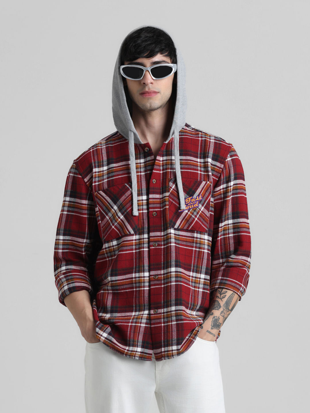 URBAN RACERS by Jack&Jones Red Check Oversized Hooded Shirt - S