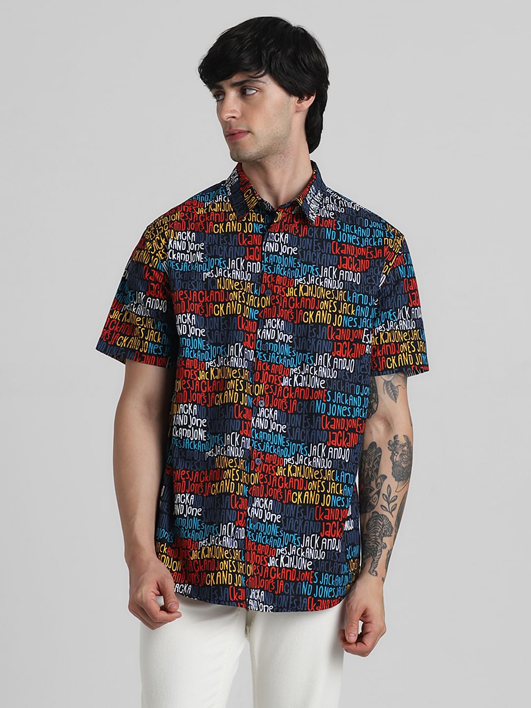 URBAN RACERS by JACK&JONES BLACK LOGO TEXT PRINT SHORT SLEEVES SHIRT