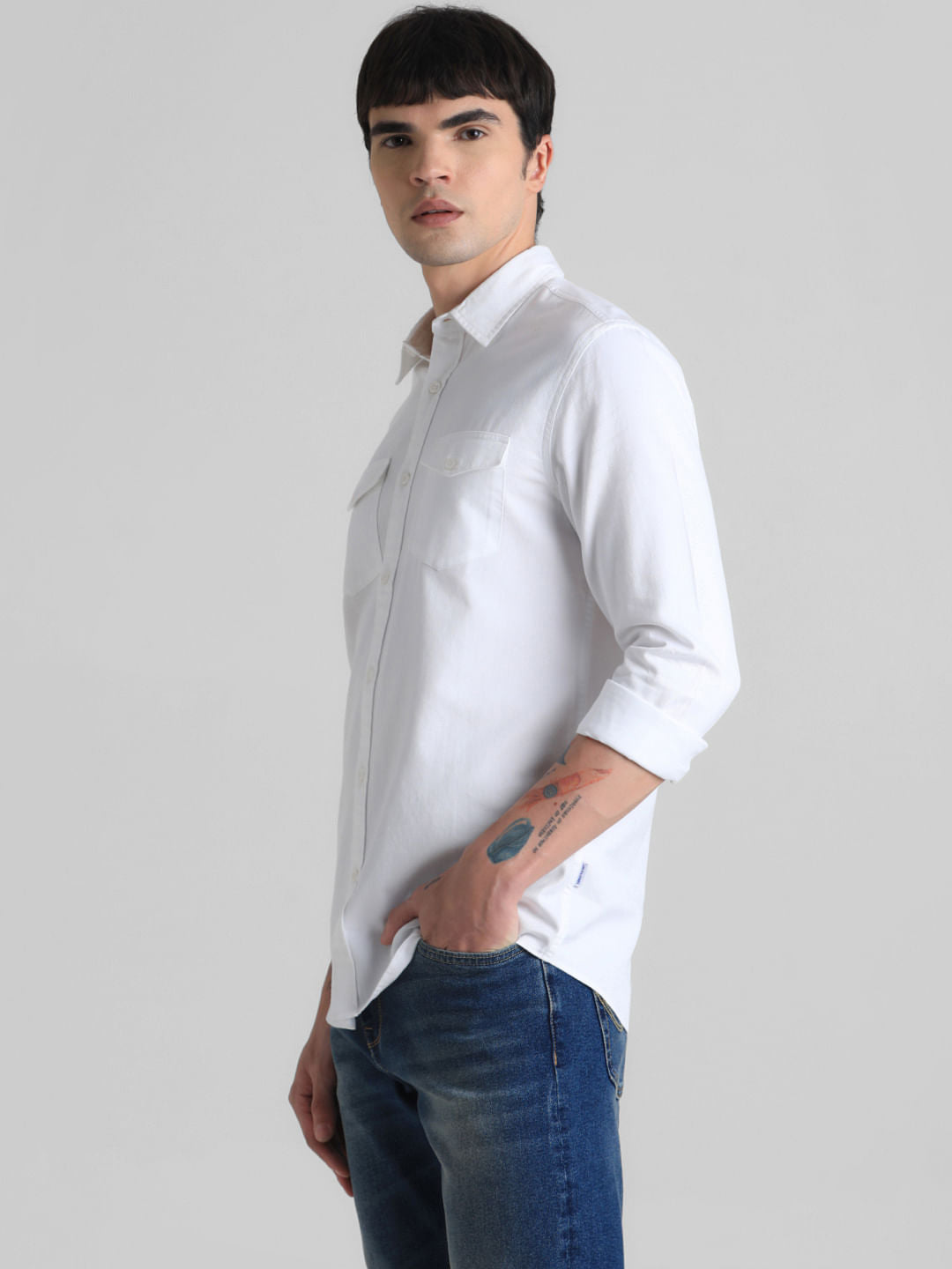 White Full Sleeves Solid Shirt