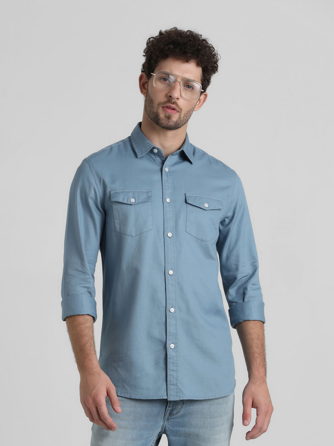Blue Patch Pocket Slim Fit Shirt - S