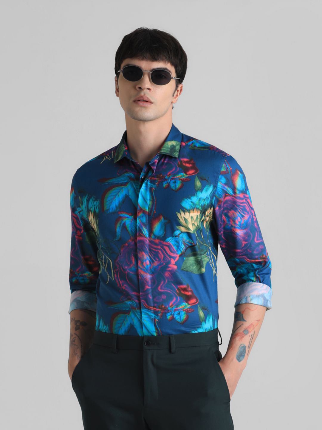 Dark Blue Printed Full Sleeves Shirt - S