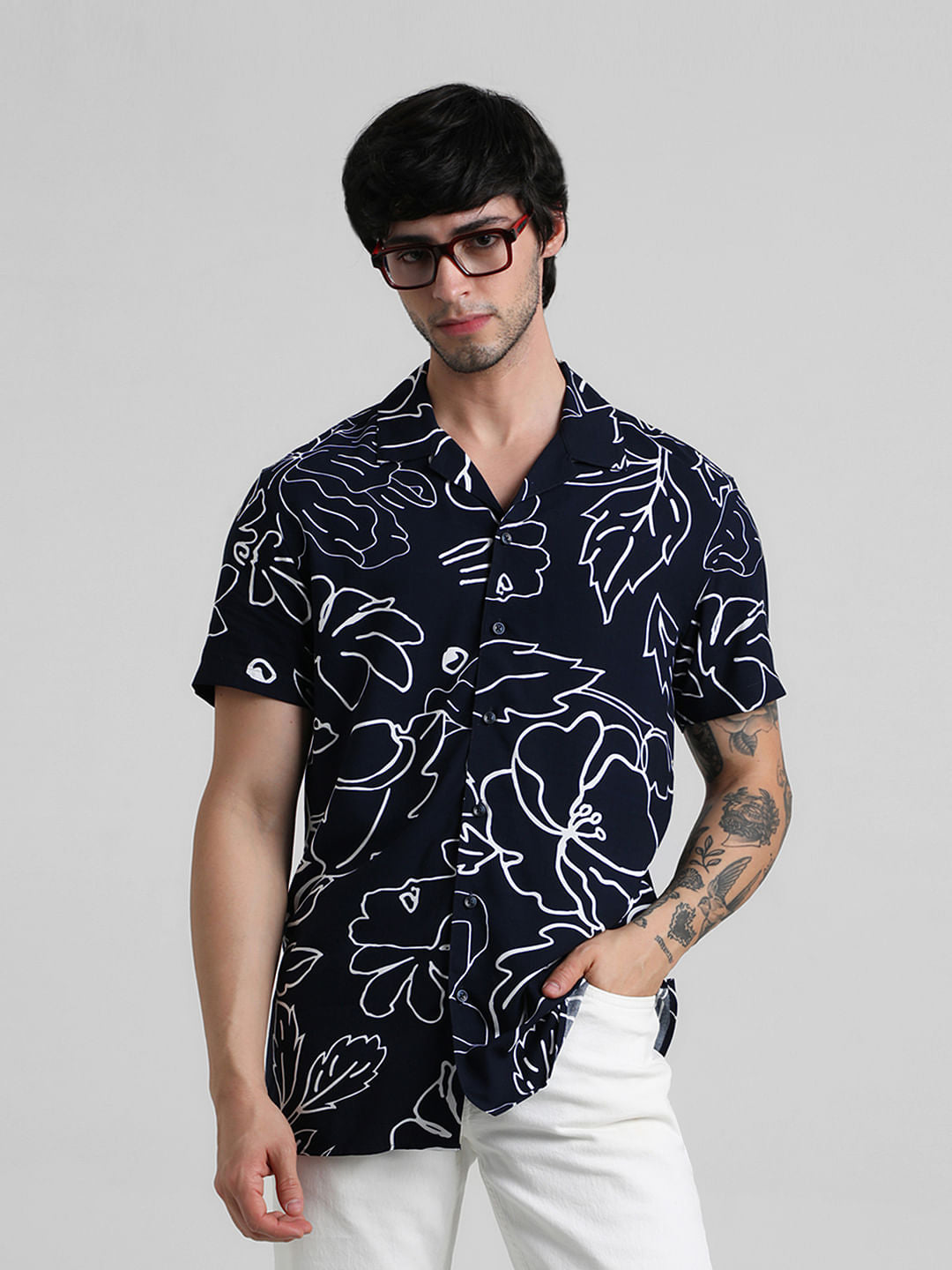 Navy Blue Floral Print Shirt - S