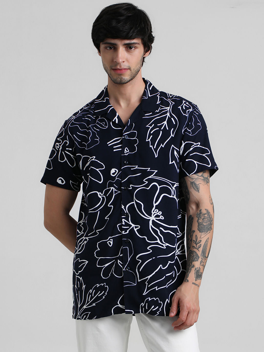Navy Blue Floral Print Shirt