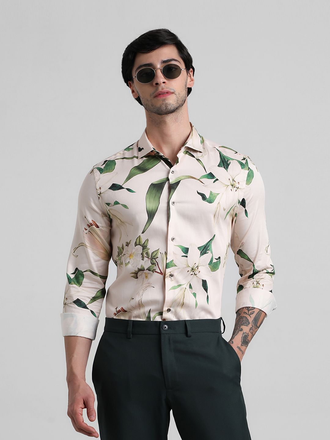 Light Beige Floral Full Sleeves Shirt - S