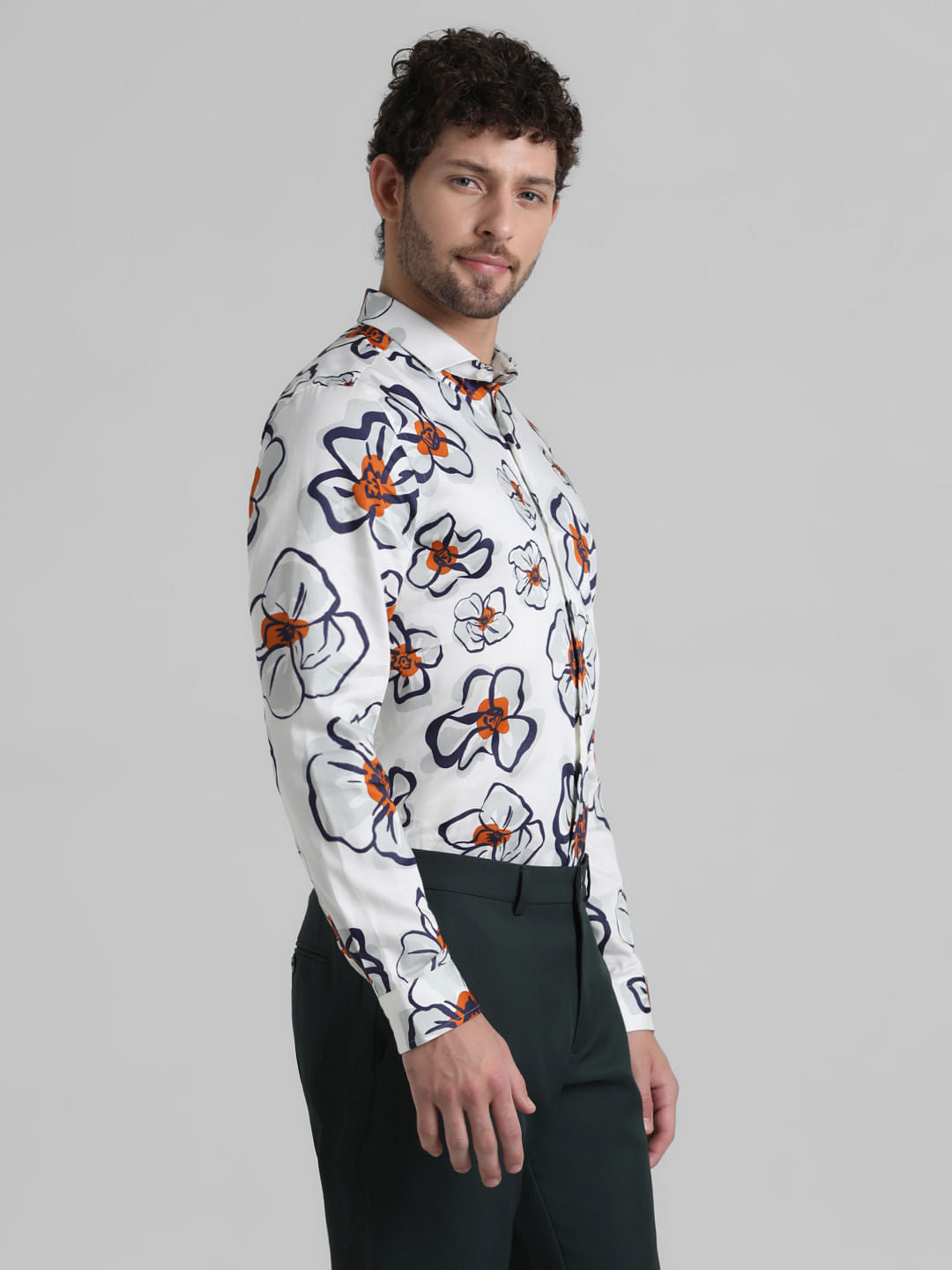 White Floral Print Full Sleeves Shirt