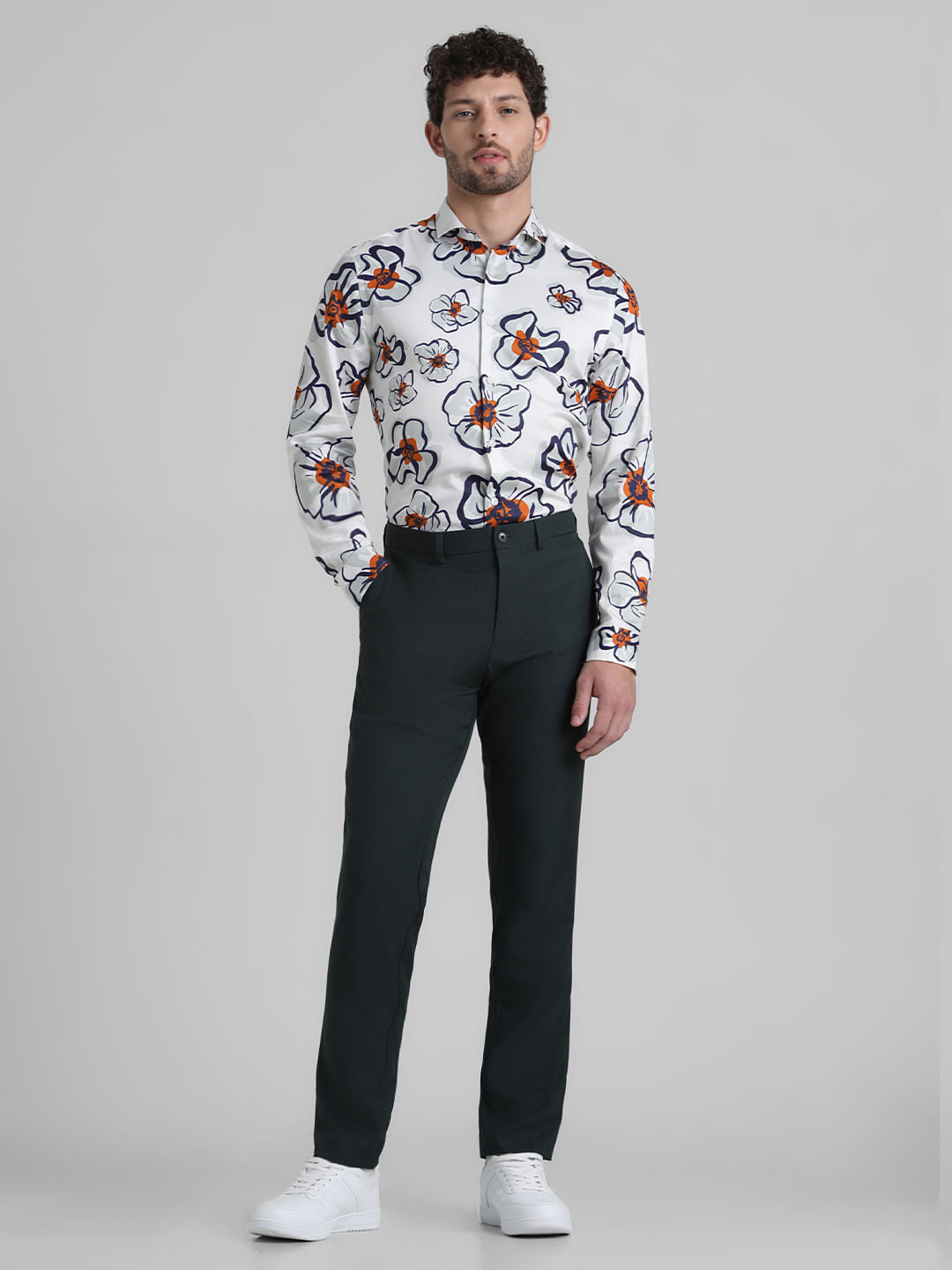 White Floral Print Full Sleeves Shirt