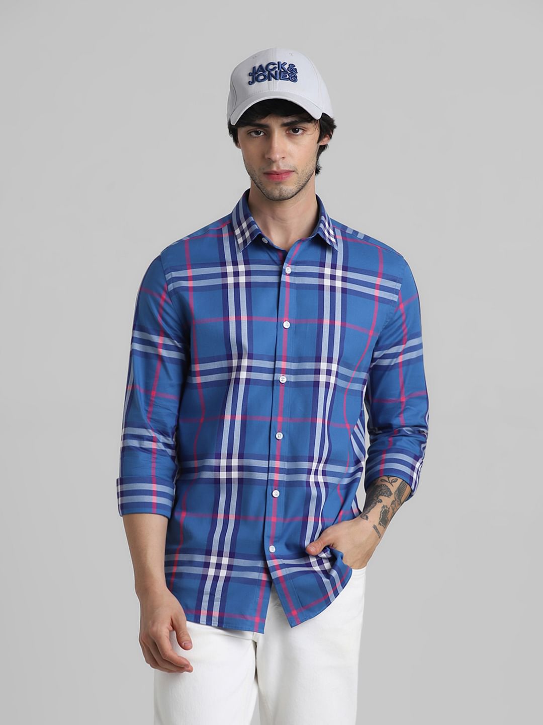 Blue Check Print Full Sleeves Shirt - S