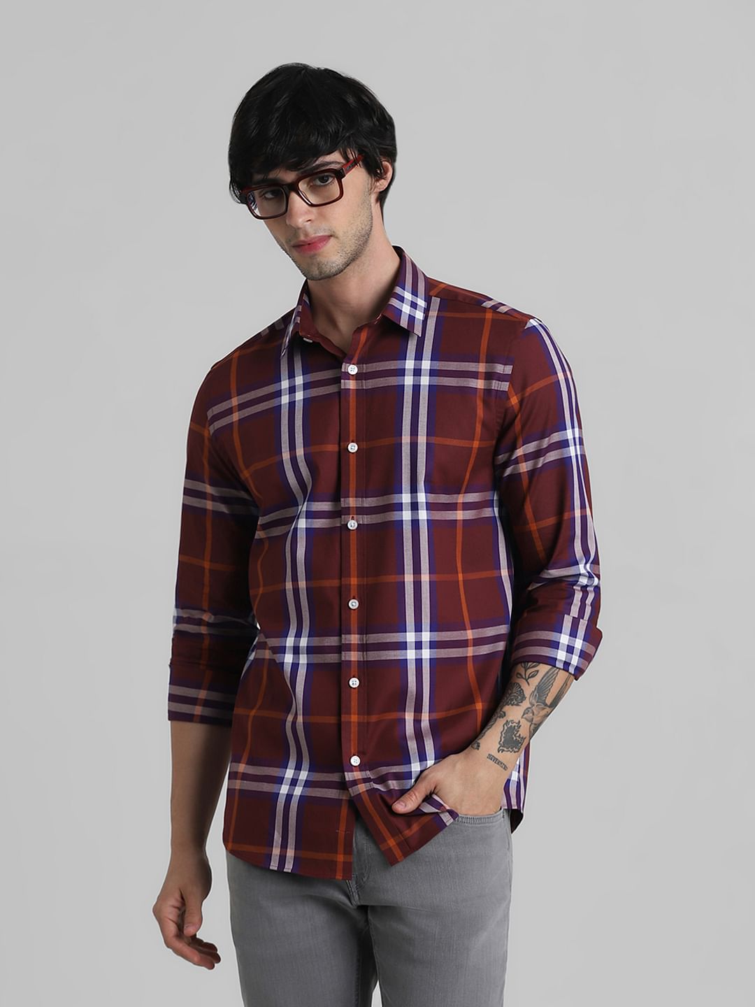 Red Check Print Full Sleeves Shirt - S