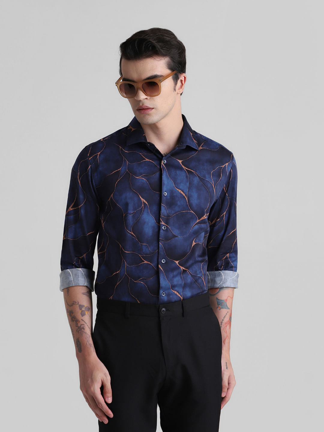 Dark Blue Printed Full Sleeves Shirt - S