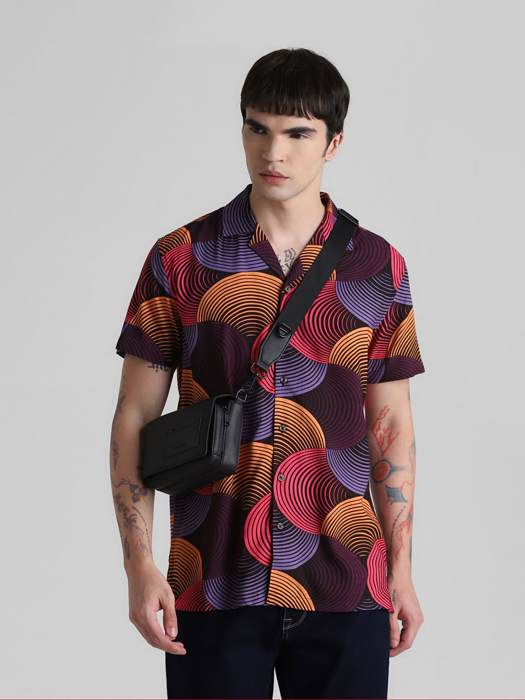 Black Abstract Print Short Sleeves Shirt