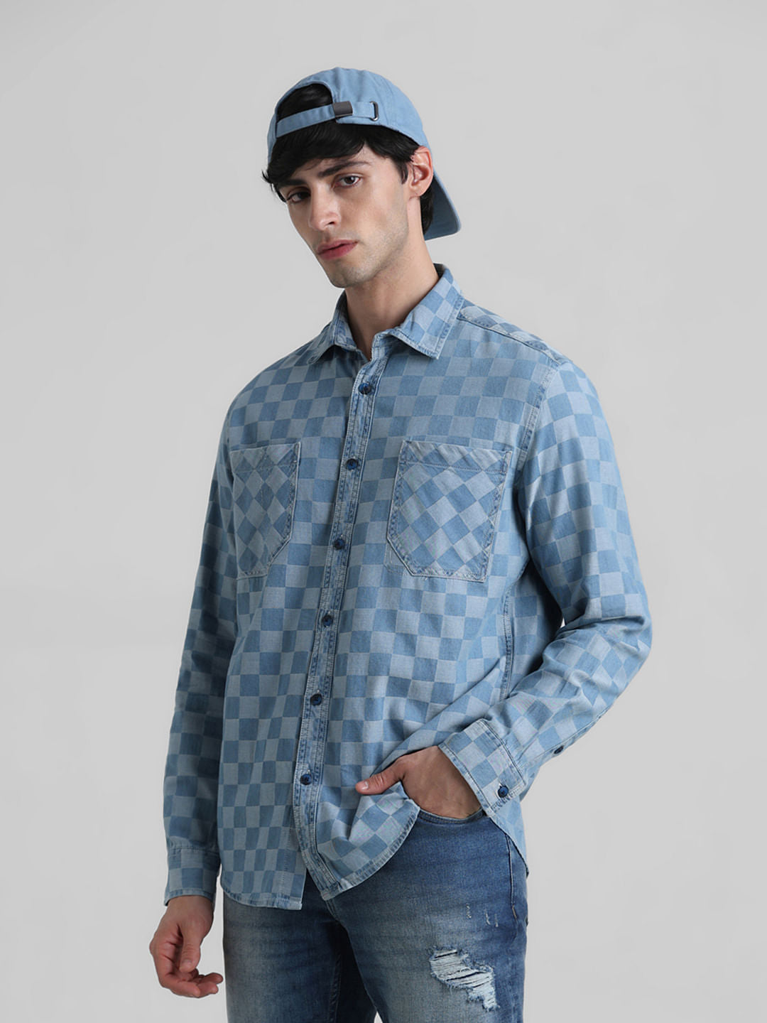 Blue Dobby Check Print Shirt - S