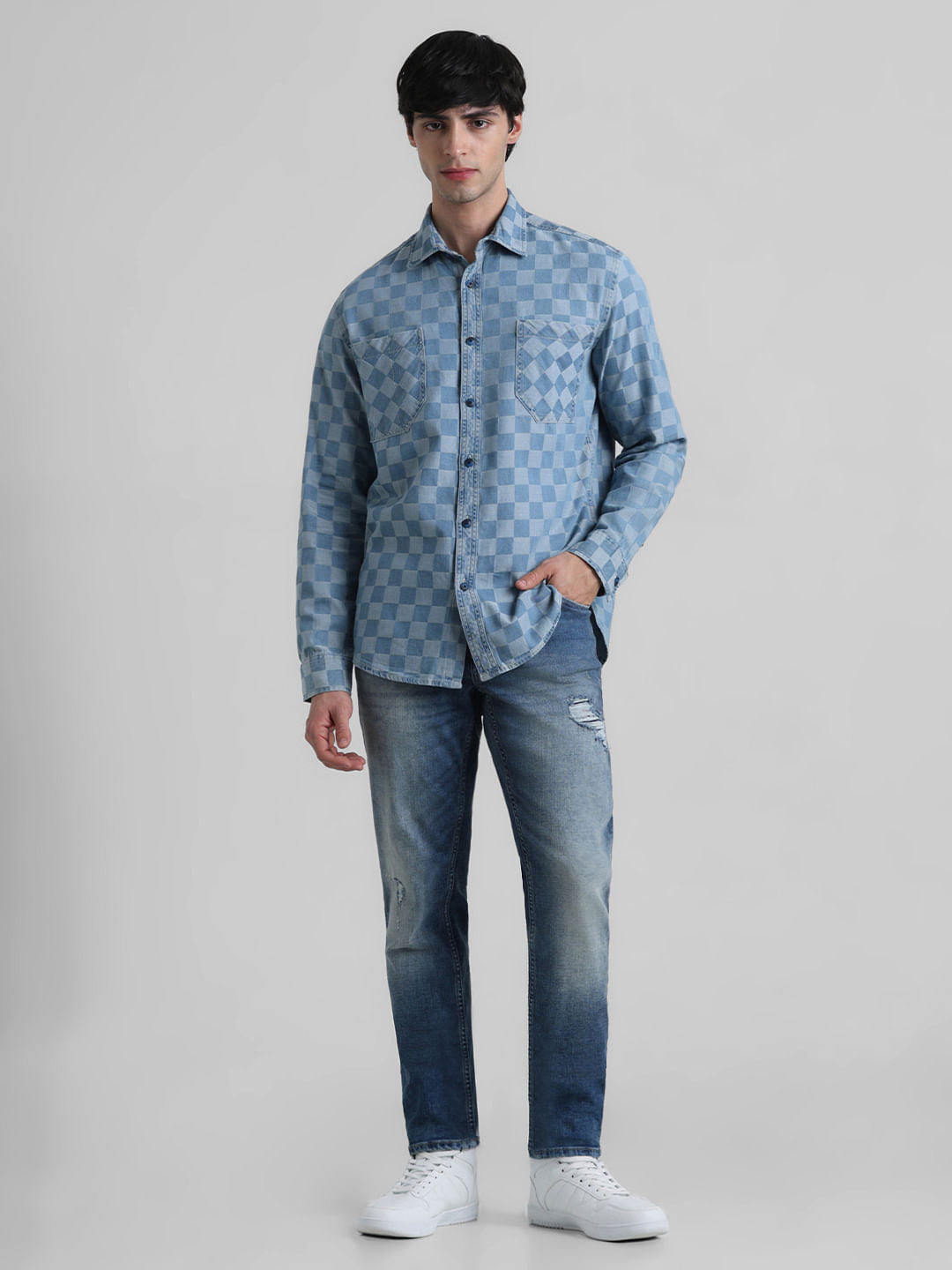 Blue Dobby Check Print Shirt
