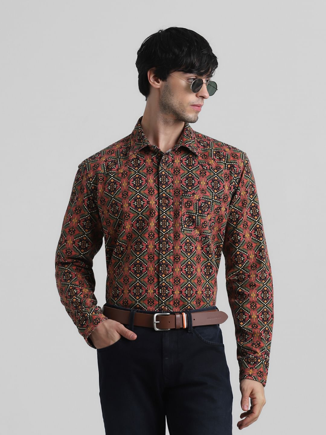 Red Floral-Abstract Print Shirt - S